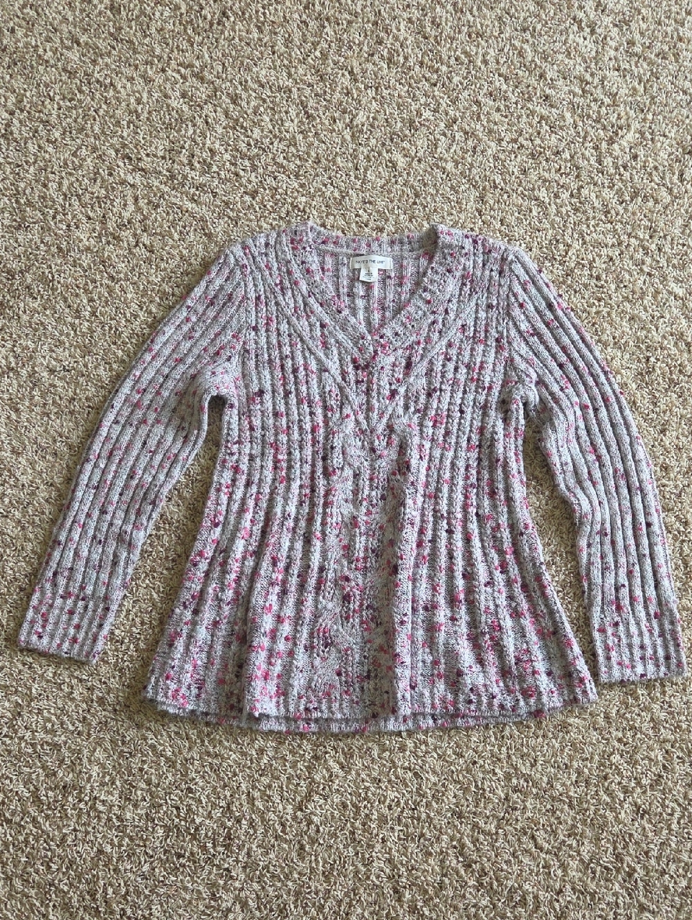 Skye's The Limit - Speckled Pink V-Neck Rib & Cable Knit Sweater